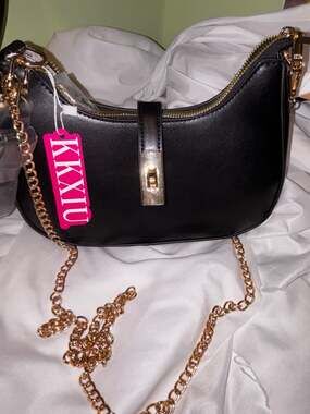 KKXIU Black Vegan Leather Hobo Shoulder Bag with Gold-Tone Chain